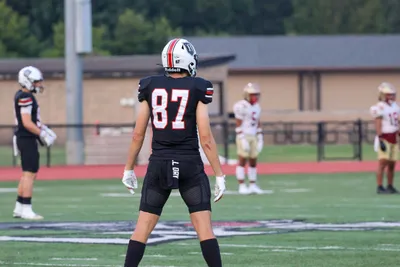 A football player wearing number 87 stands on the field during a game.