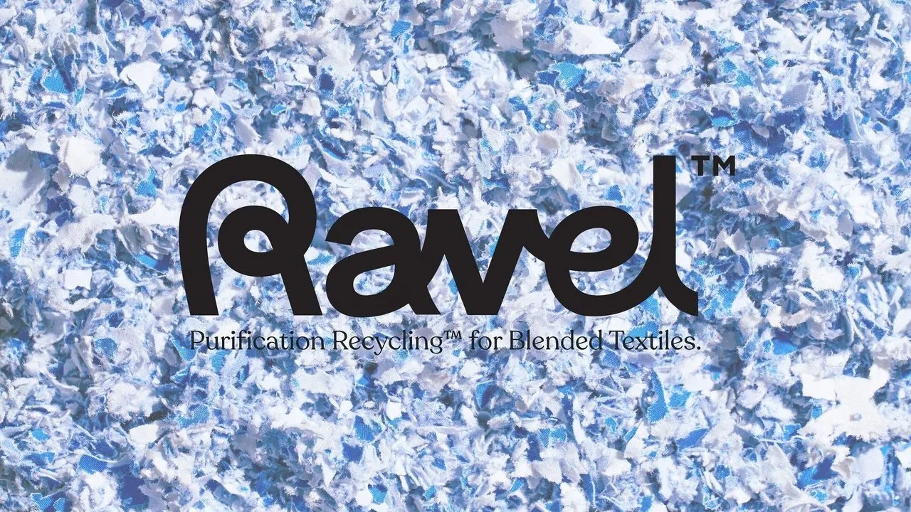 Ravel logo over shredded white and blue textile scraps.