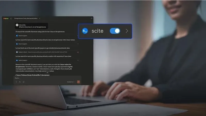 Person using a laptop with a scientific research chat interface and a Scite browser extension toggle.