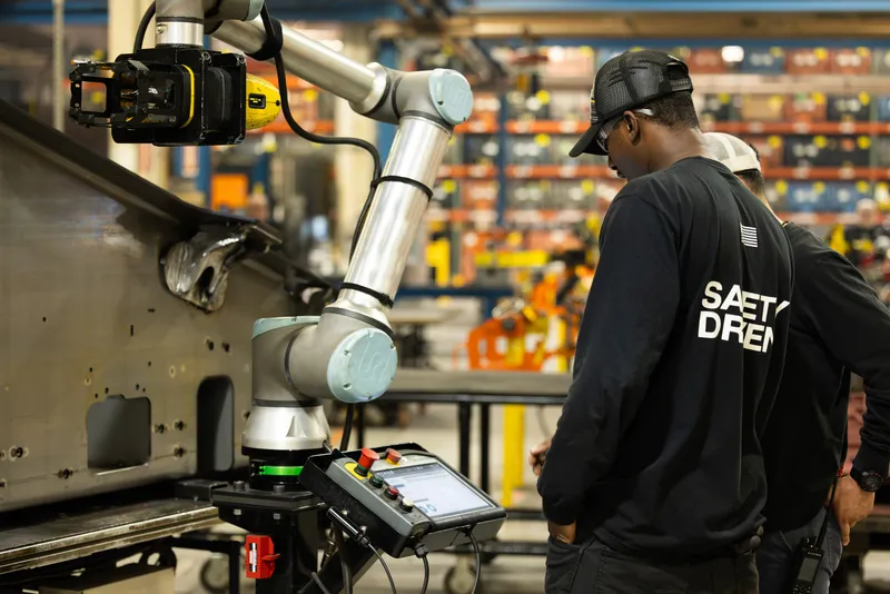 A robotic arm operates beside two workers in a manufacturing facility.