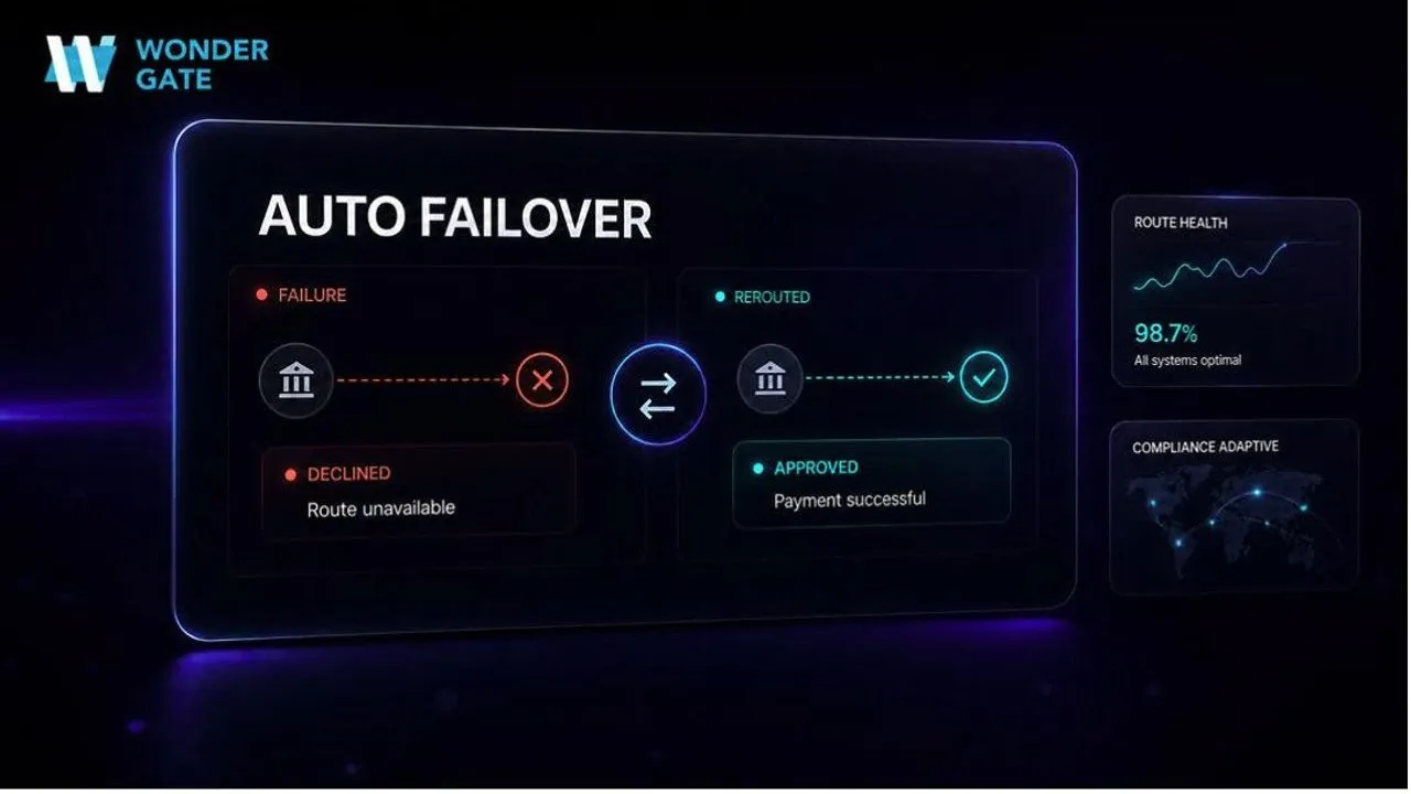 WonderGate auto-failover dashboard showing a failed payment route rerouted to an approved route.