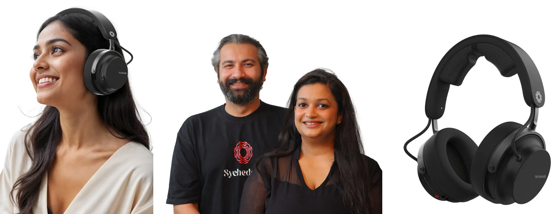 Two people between close-up views of black over-ear Sychedelic headphones.
