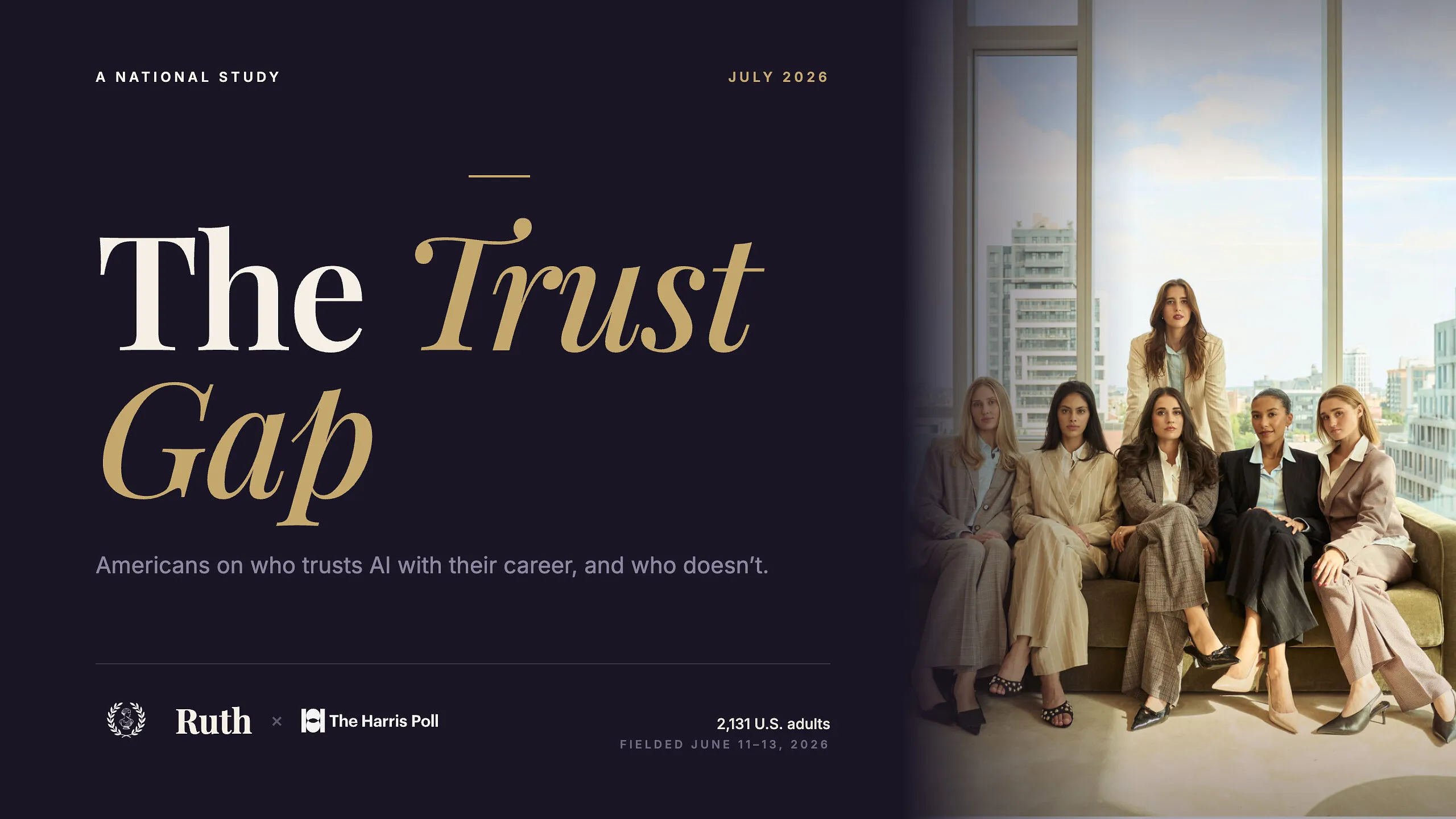 Six women in business attire pose on a sofa in a high-rise office beside “The Trust Gap” study title.