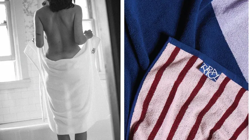 A person wraps a white towel around their waist beside a close-up of striped towel fabric.