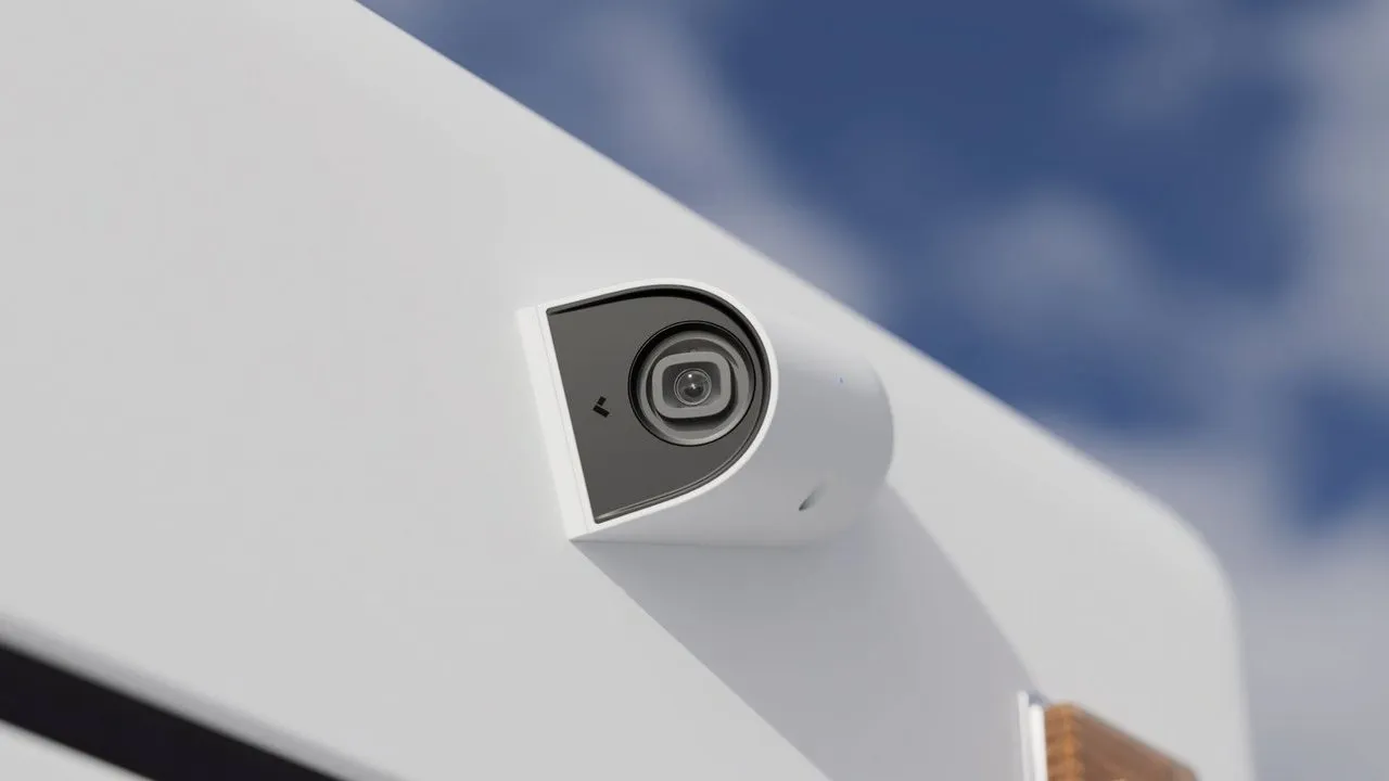 Security camera mounted on the exterior of a white vehicle against a blue sky.