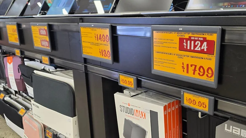 Laptop accessories and electronic price tags displayed on a JB Hi-Fi store shelf.