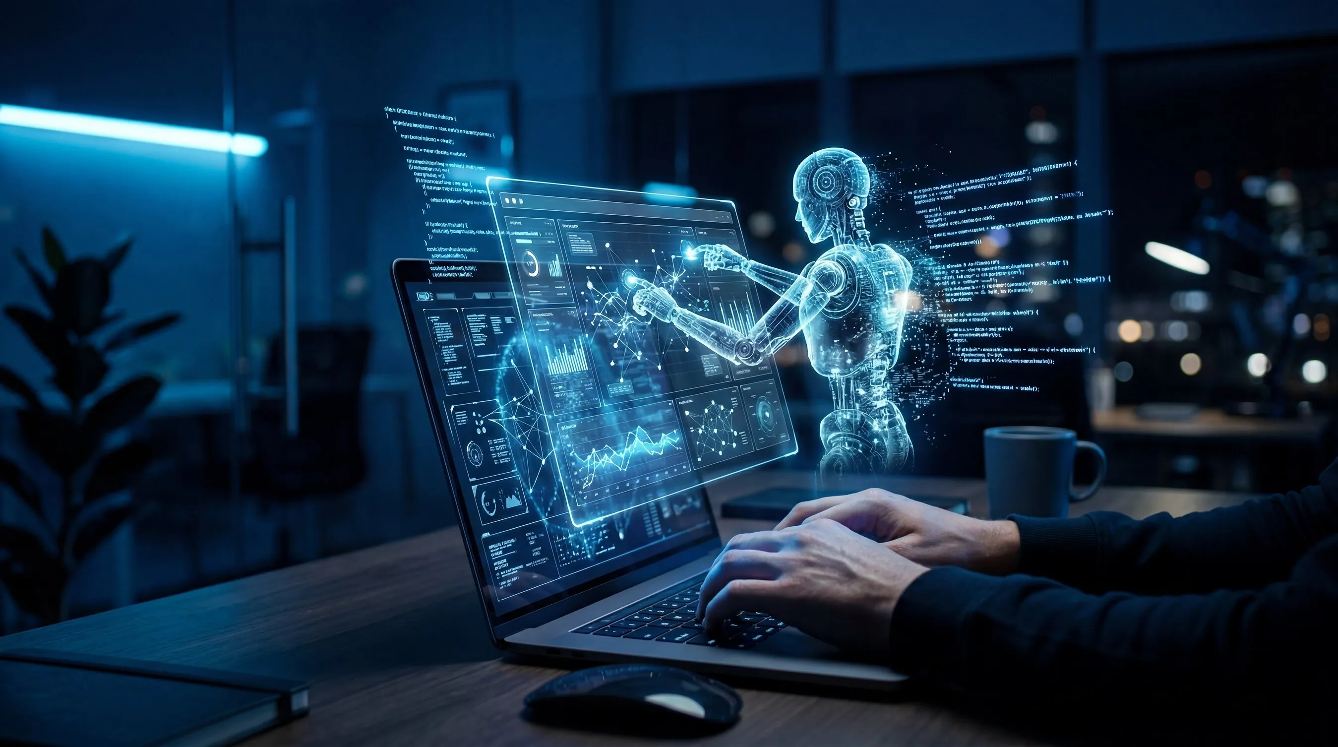 Hands typing on a laptop beside a glowing humanoid robot and floating data dashboards.