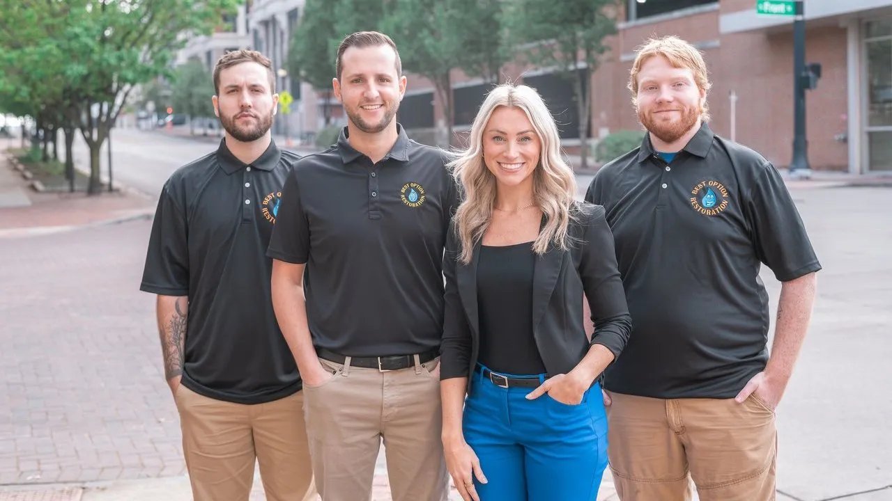 Four people stand on a downtown street, three wearing black Best Option Restoration polo shirts.