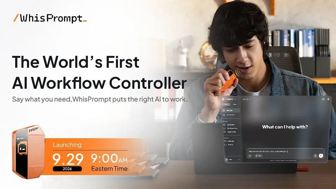 Man holding an orange device beside a laptop showing an AI workflow interface and launch date.