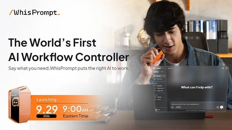 Man holding an orange device beside a laptop showing an AI workflow interface and launch date.