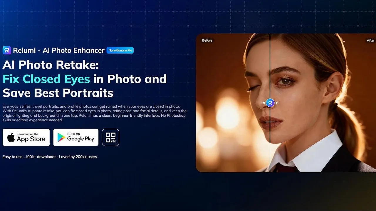 Relumi AI Photo Retake screen showing a woman’s portrait before and after closed-eye correction