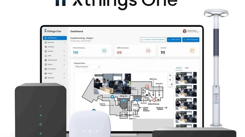 Xthings One dashboard on a laptop with access control devices, a security camera pole and a floor plan.