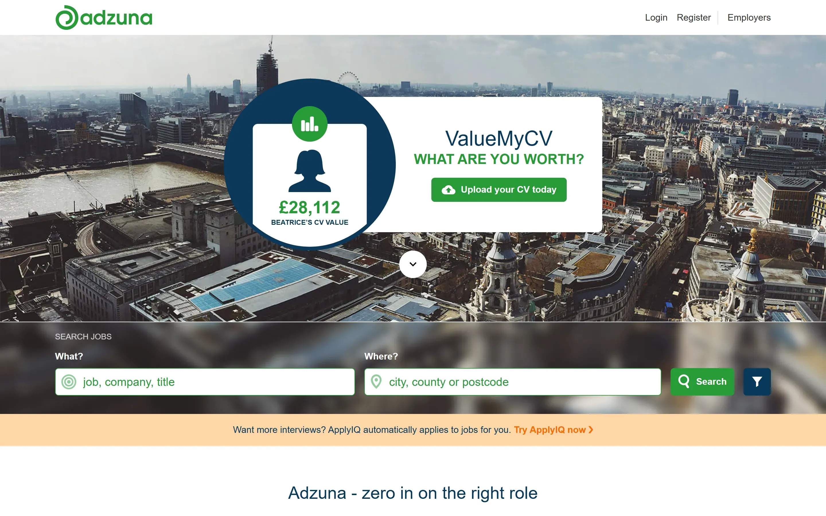 The Adzuna home page, October 6, 2026