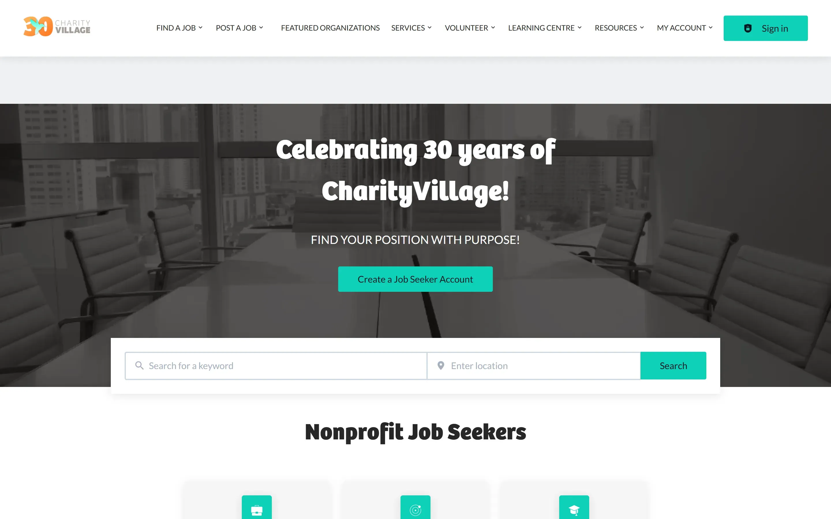 The CharityVillage home page, from an archived copy (September 2026)