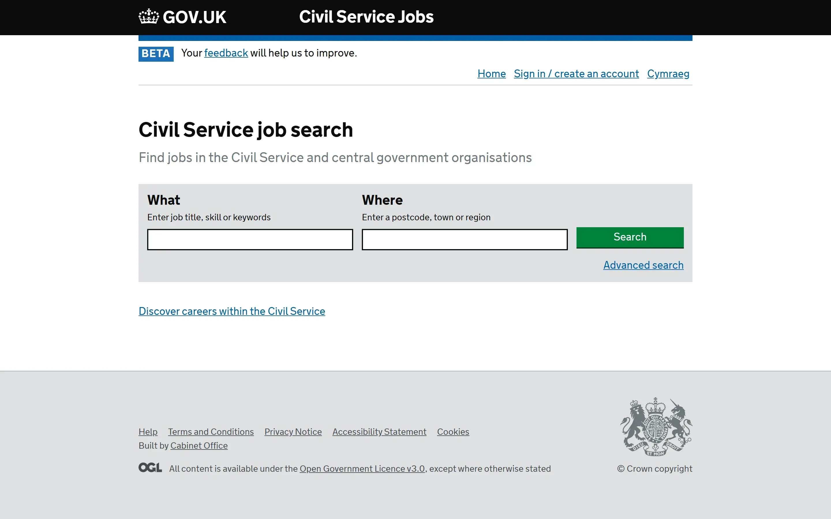 The Civil Service Jobs home page, from an archived copy (January 2024)