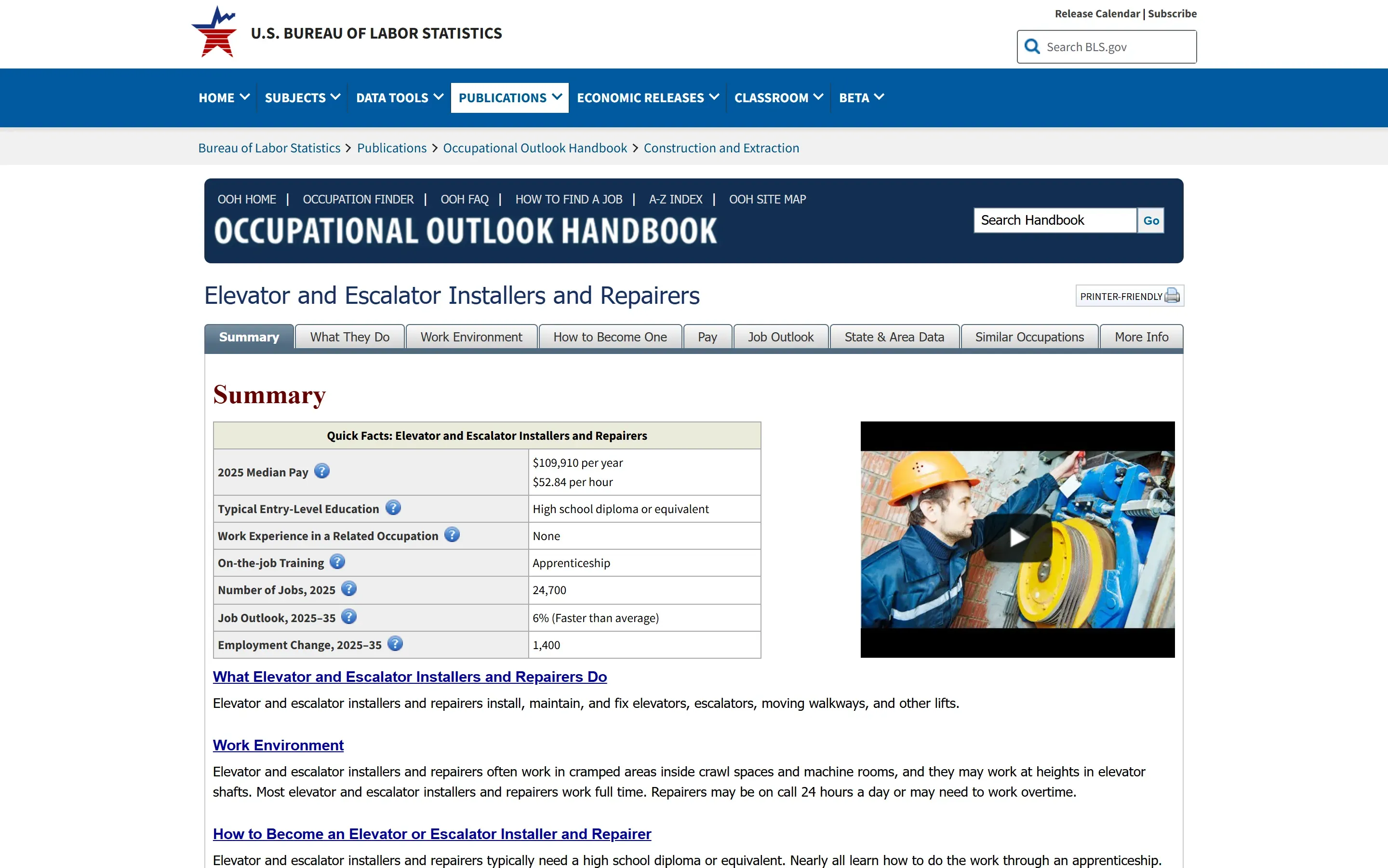 The bls.gov page for Elevator and Escalator Installers and Repairers, saved 2026-10-02