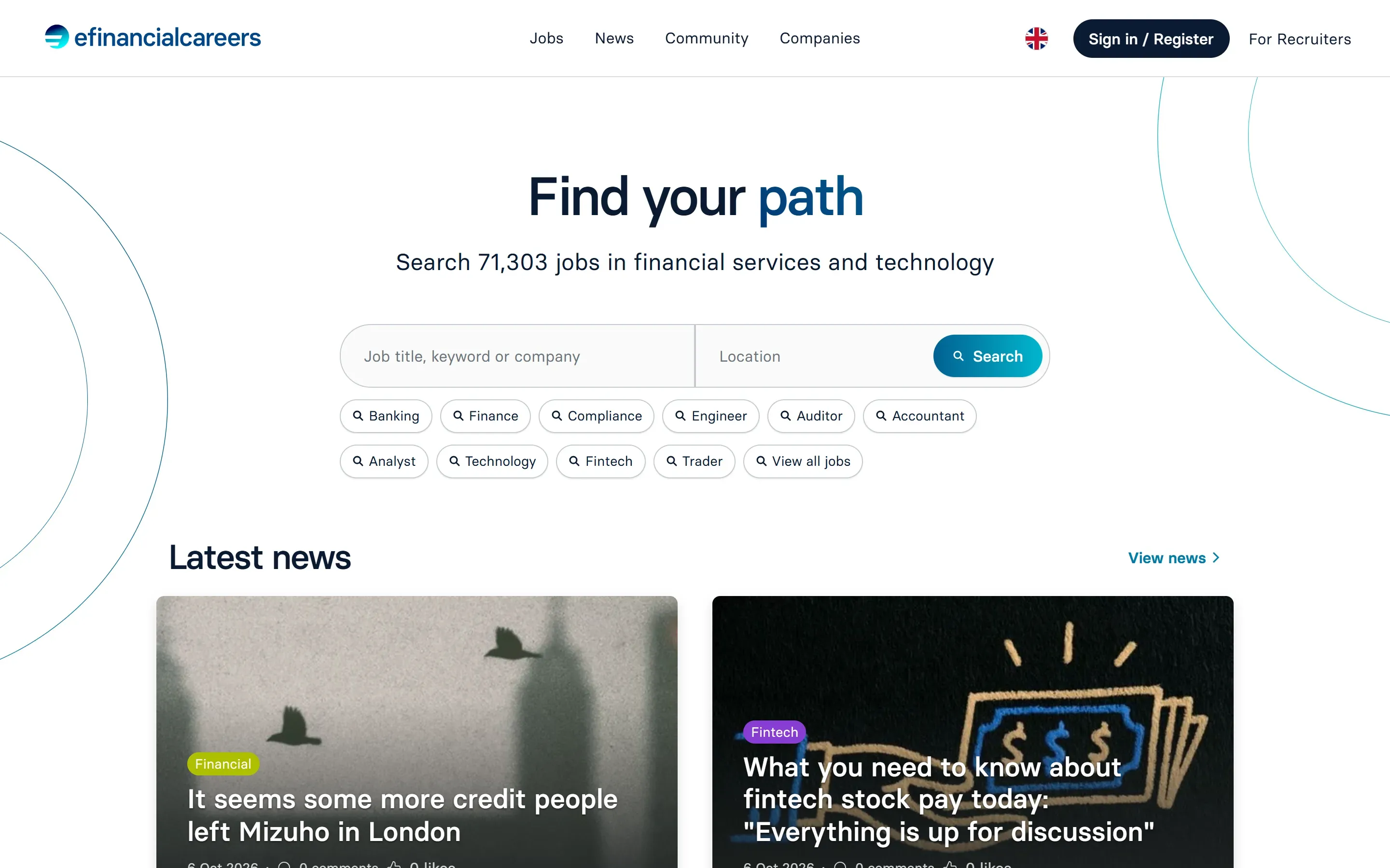 The eFinancialCareers home page, October 6, 2026