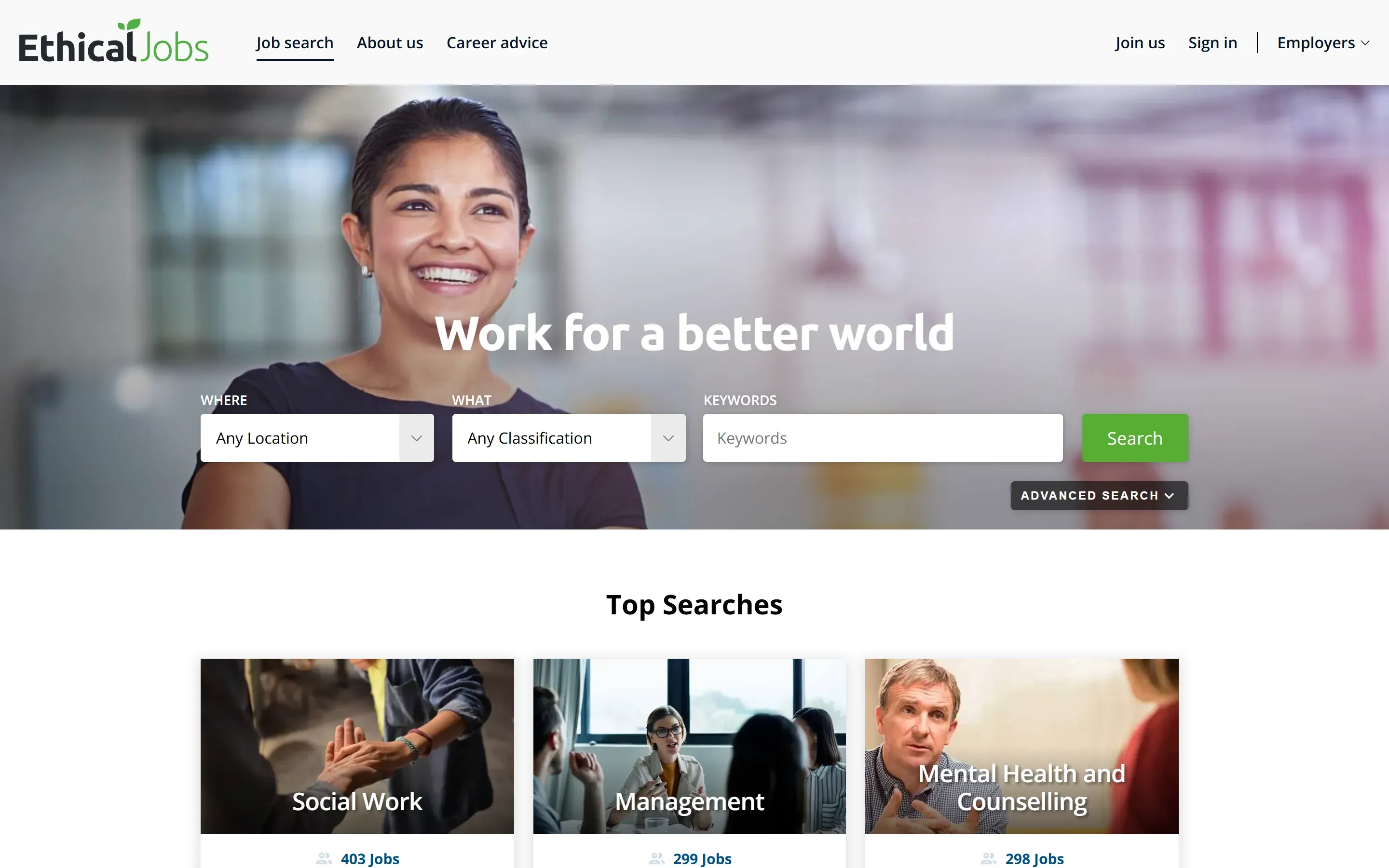 The EthicalJobs.com.au home page, October 6, 2026