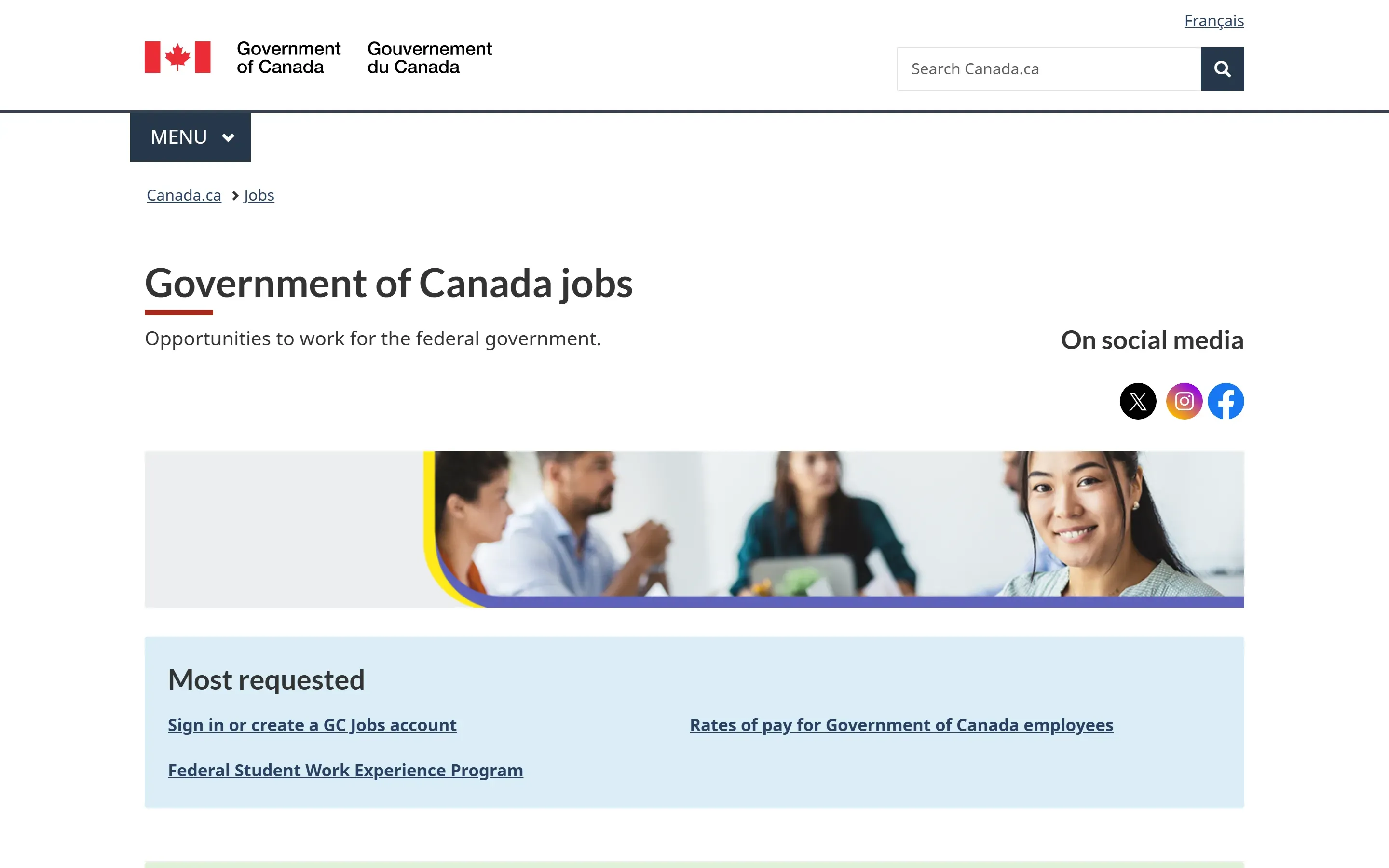 The GC Jobs (Government of Canada) home page, October 6, 2026