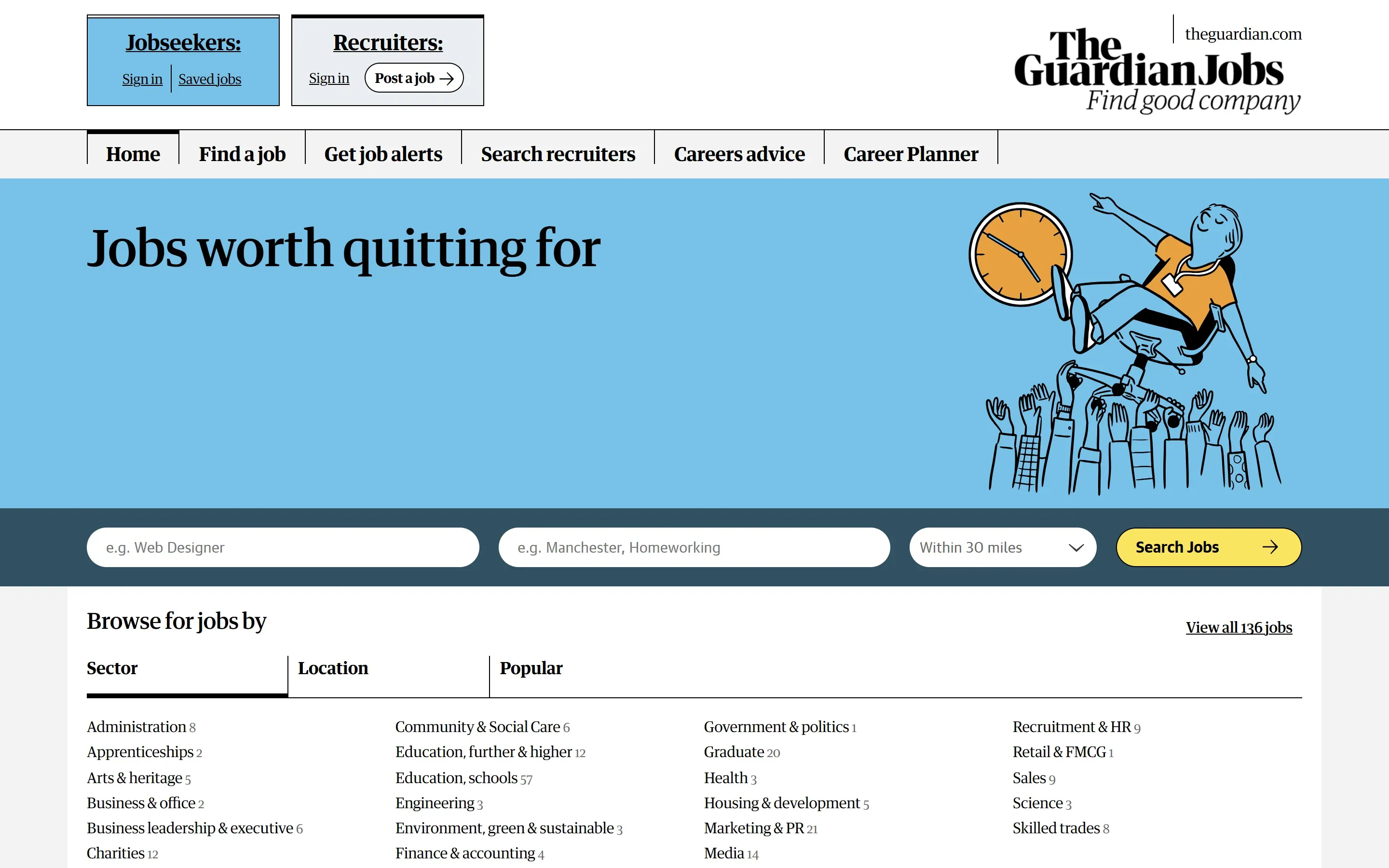 The Guardian Jobs home page, October 6, 2026