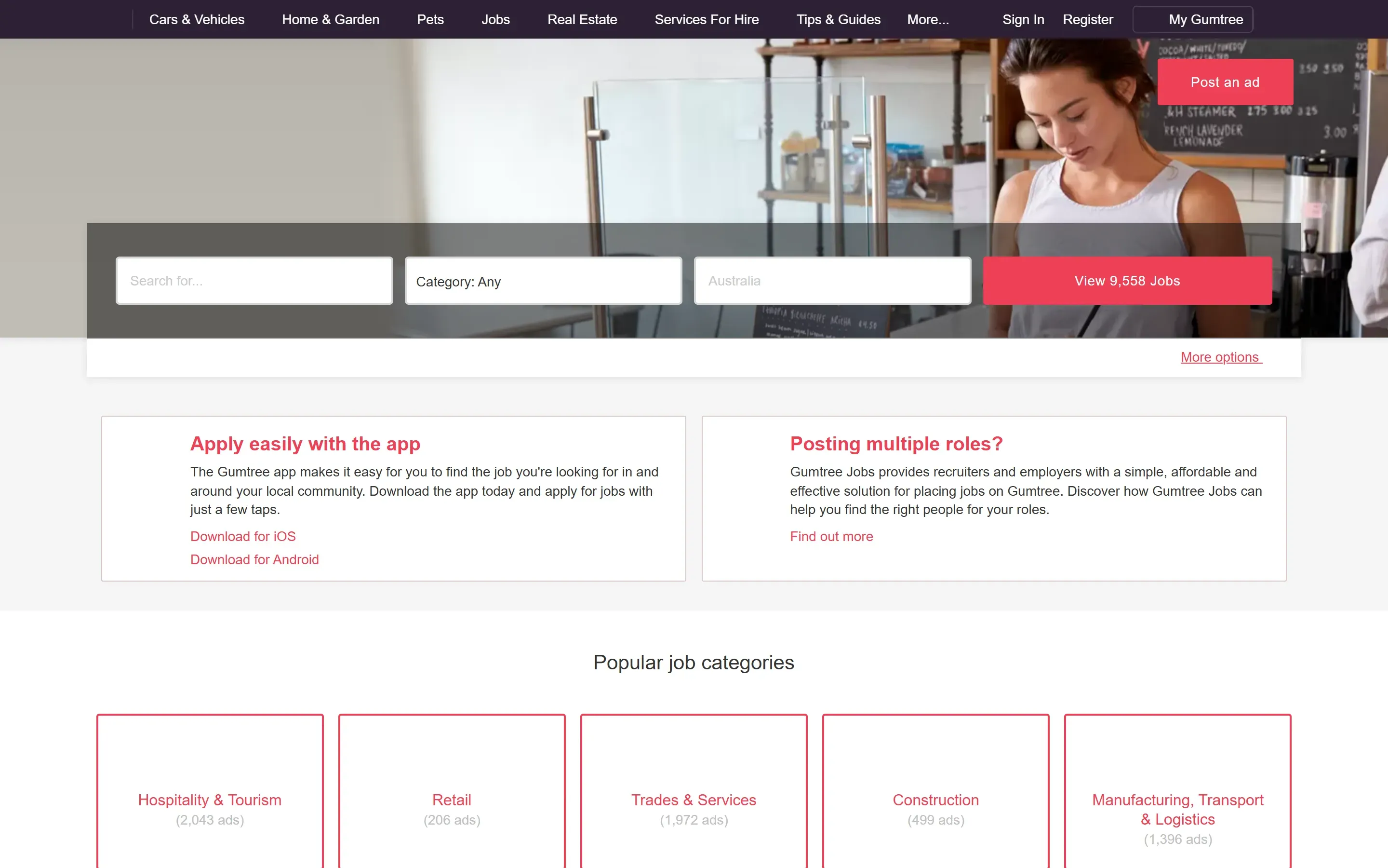 The Gumtree Jobs home page, from an archived copy (March 2026)