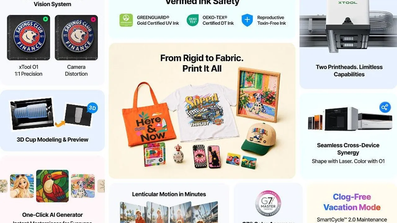 Printed tote bag, T-shirt, framed art, cap and small accessories surrounded by printer feature panels