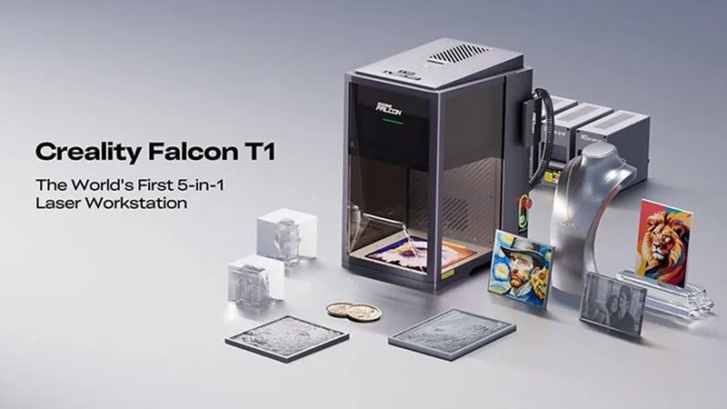 Creality Falcon T1 laser workstation with engraved tiles, coins, glass blocks and colorful artwork panels