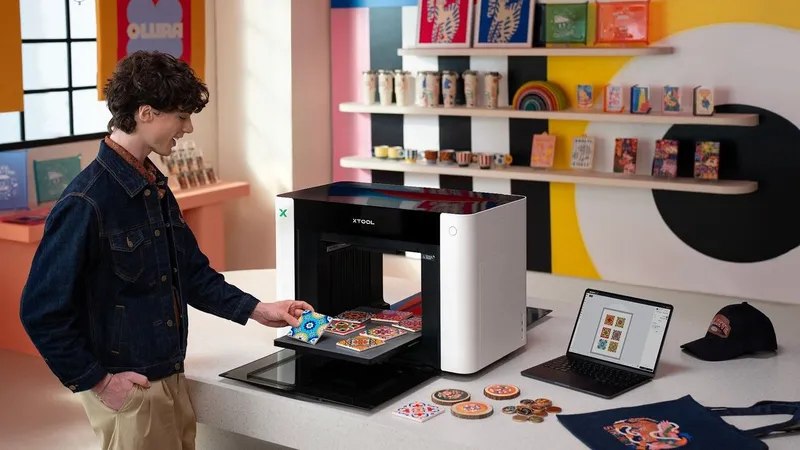 Man placing colorful tiles in a laser engraver beside a laptop and custom products.