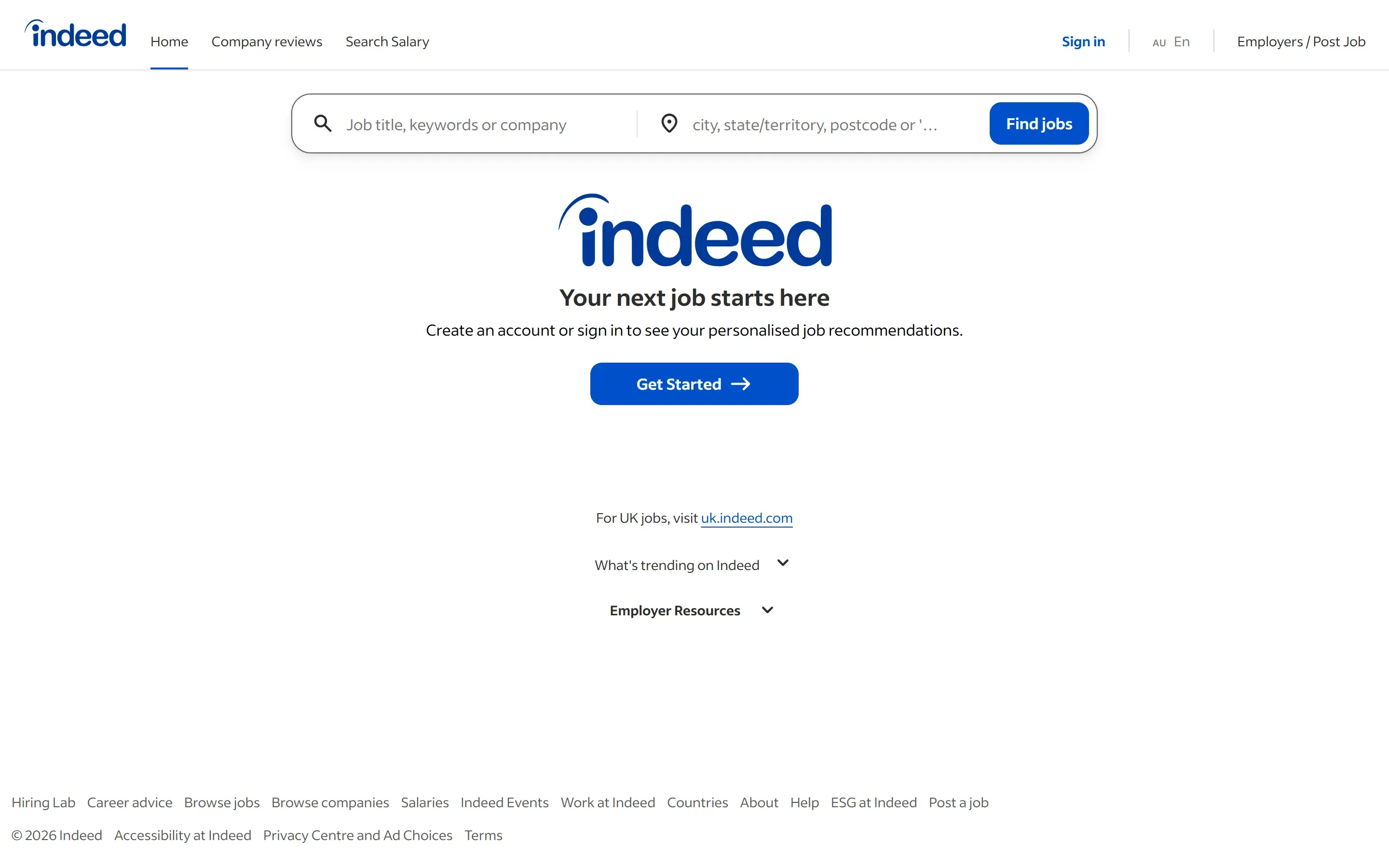 The Indeed Australia home page, October 6, 2026