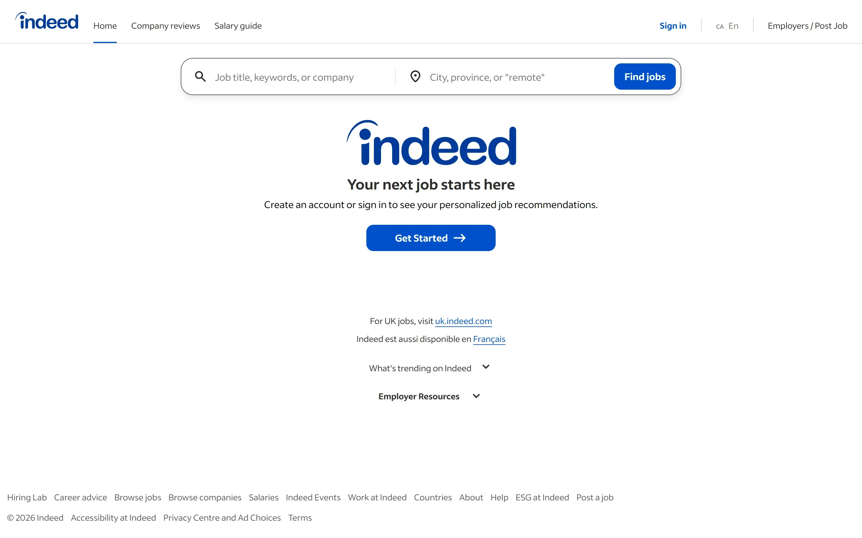 The Indeed Canada home page, October 6, 2026