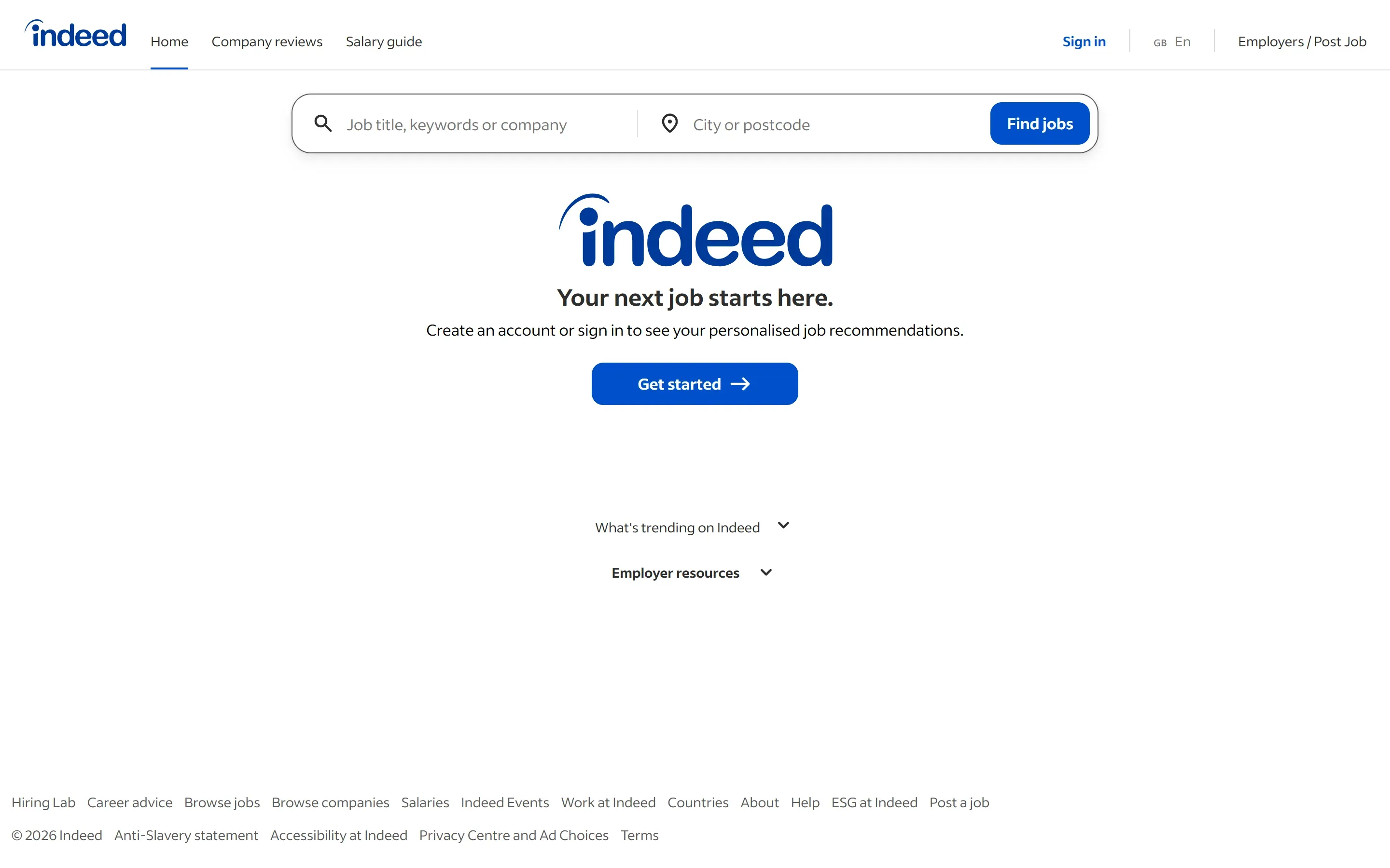 The Indeed home page, October 6, 2026