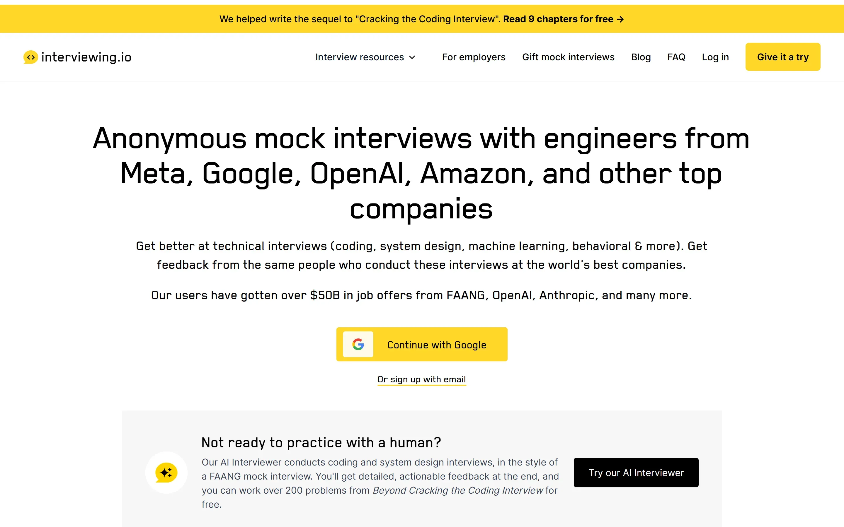 The Interviewing.io home page, October 6, 2026