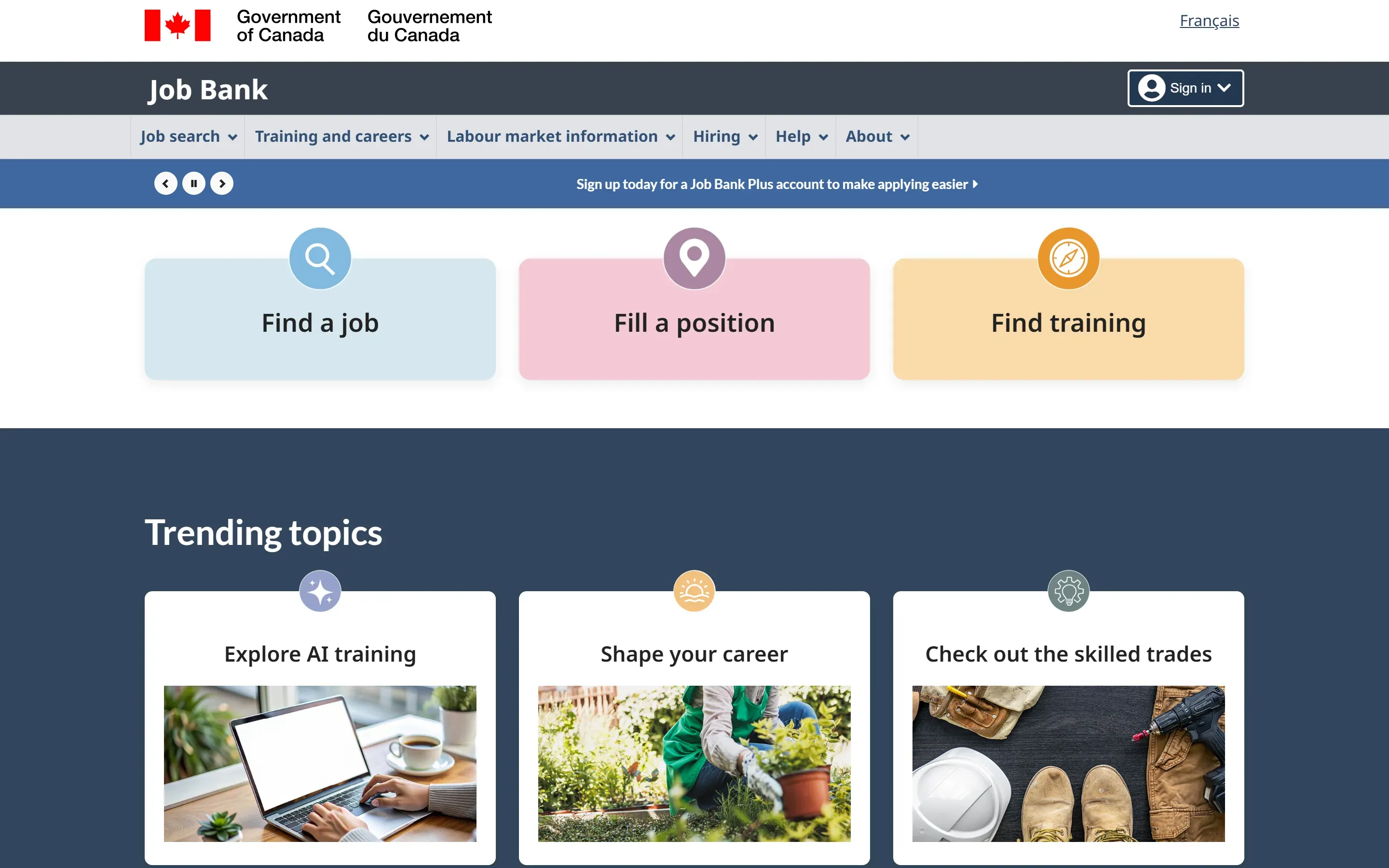 The Job Bank home page, October 6, 2026
