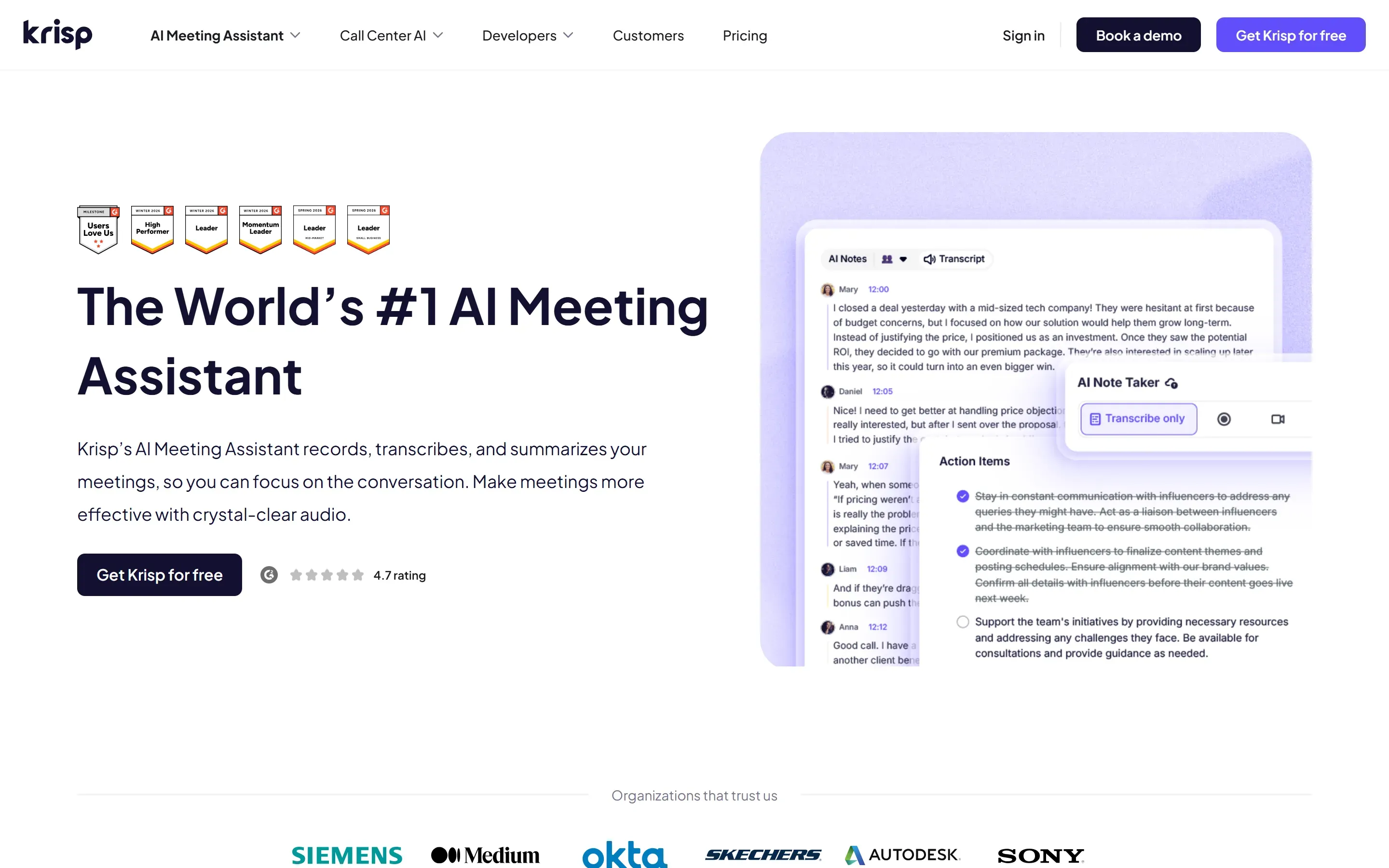 The Krisp AI Meeting Assistant home page, saved 2026-10-02