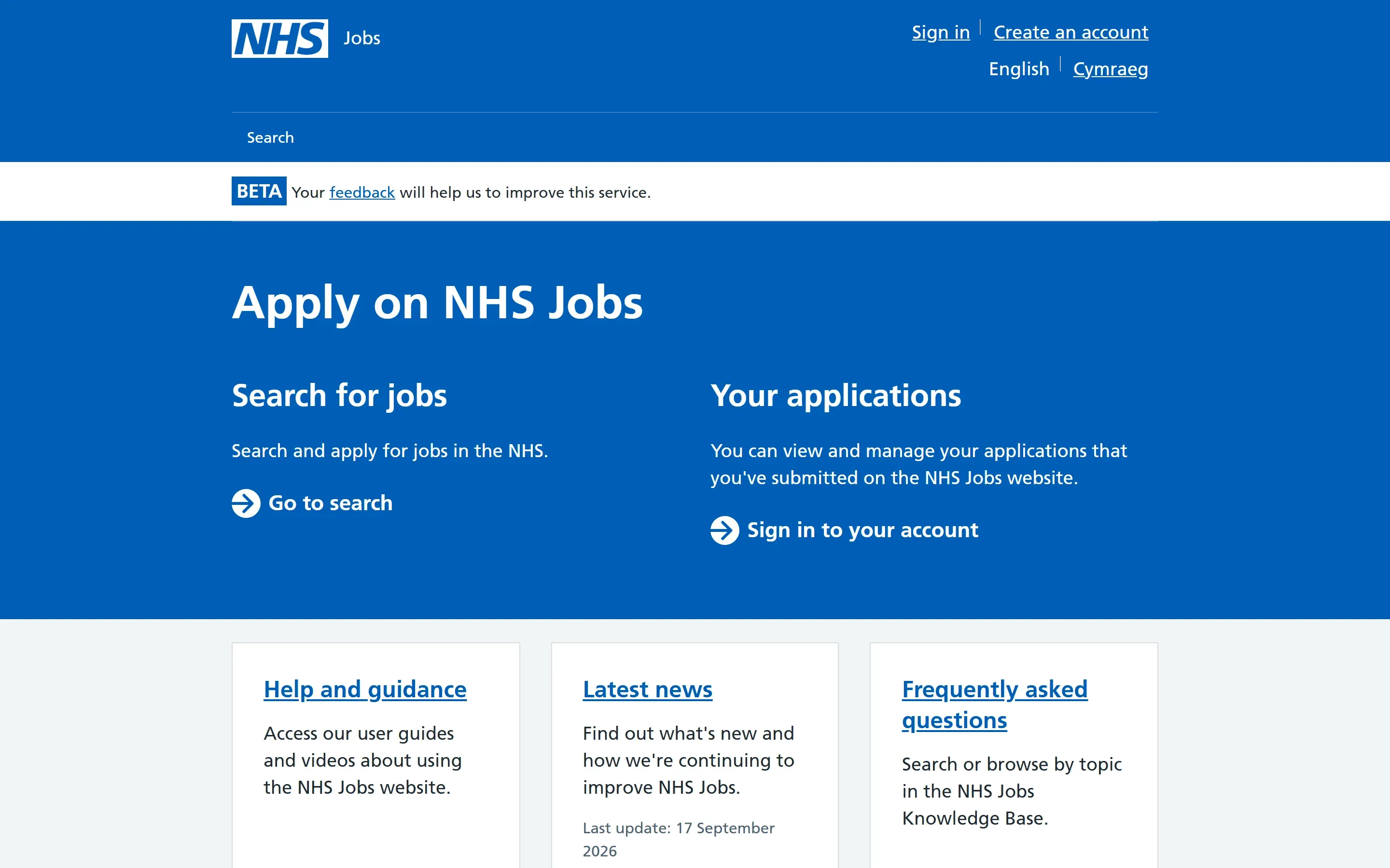 The NHS Jobs home page, October 6, 2026