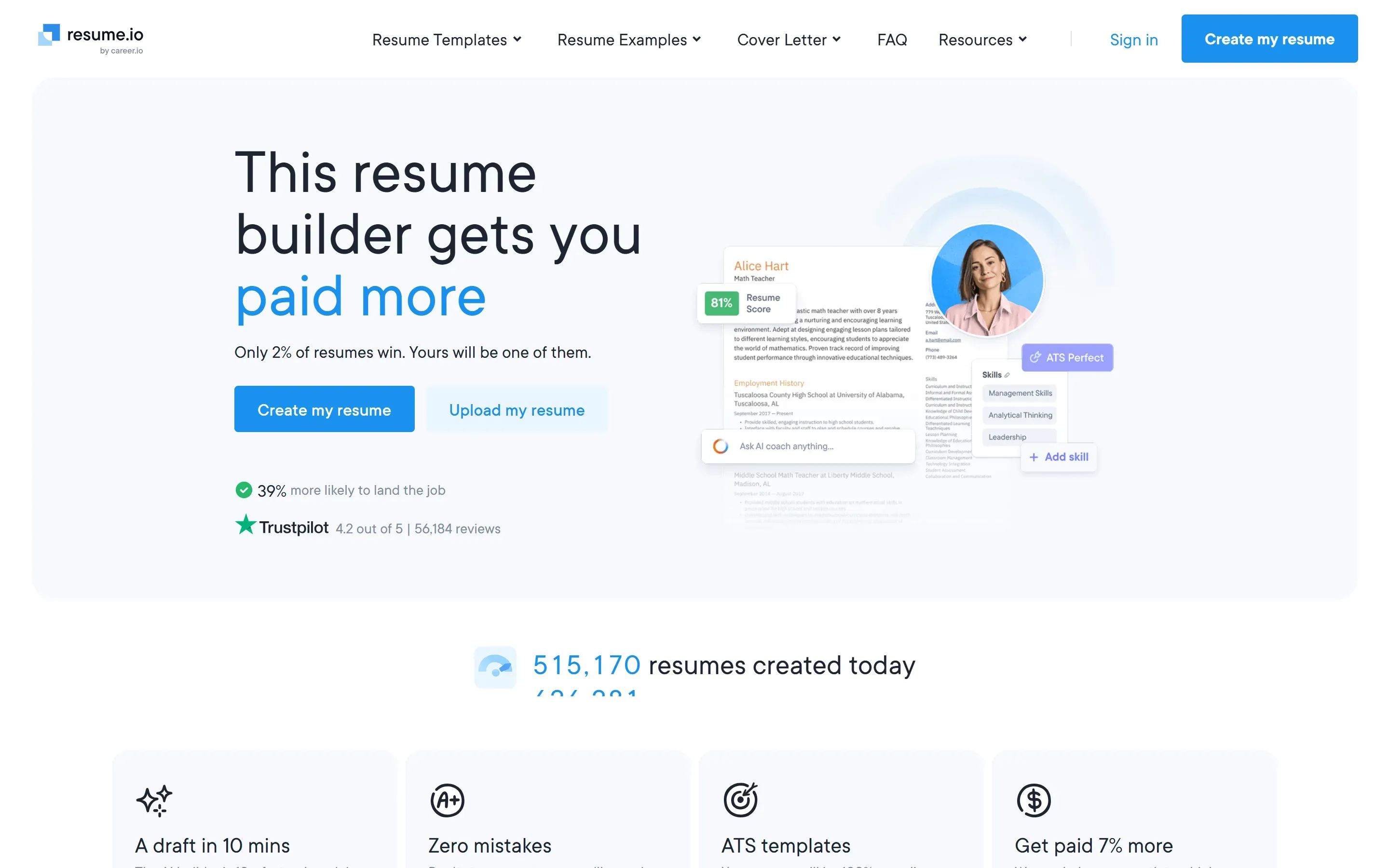 The Resume.io home page, October 6, 2026
