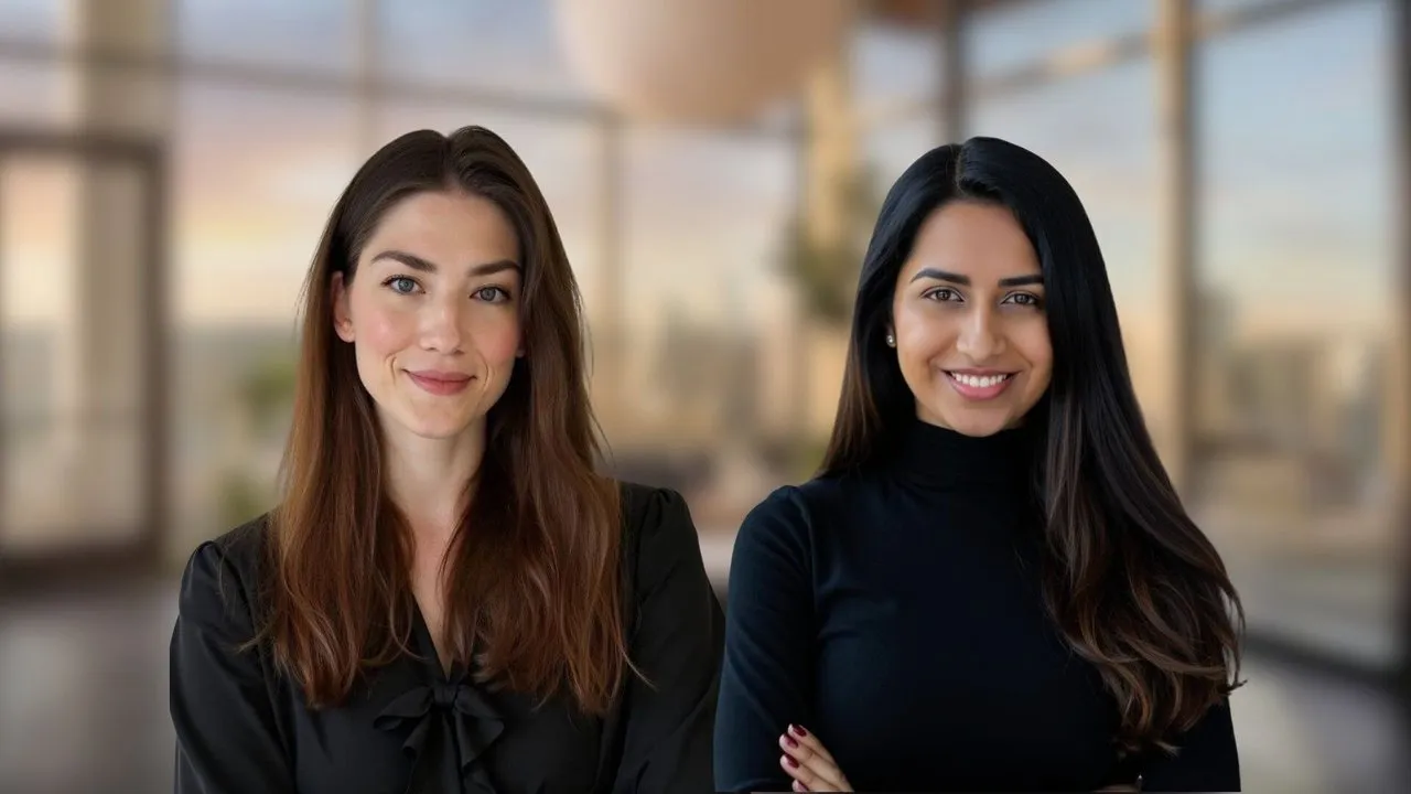 Two women in black tops smiling in an office setting.