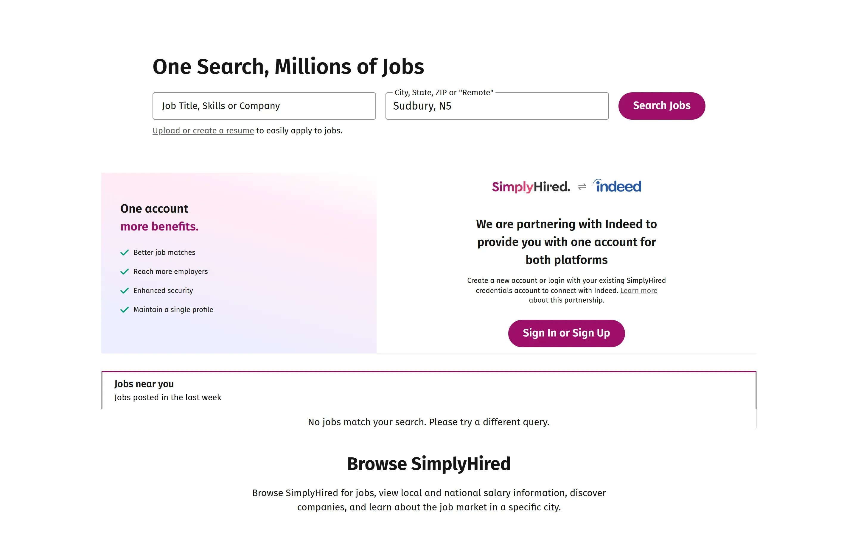 The SimplyHired home page, October 6, 2026