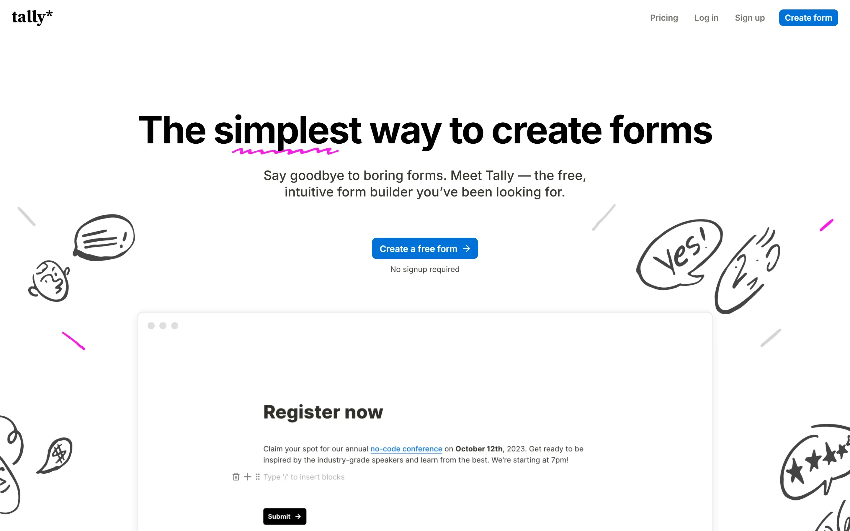 The Tally home page, saved 2026-10-02