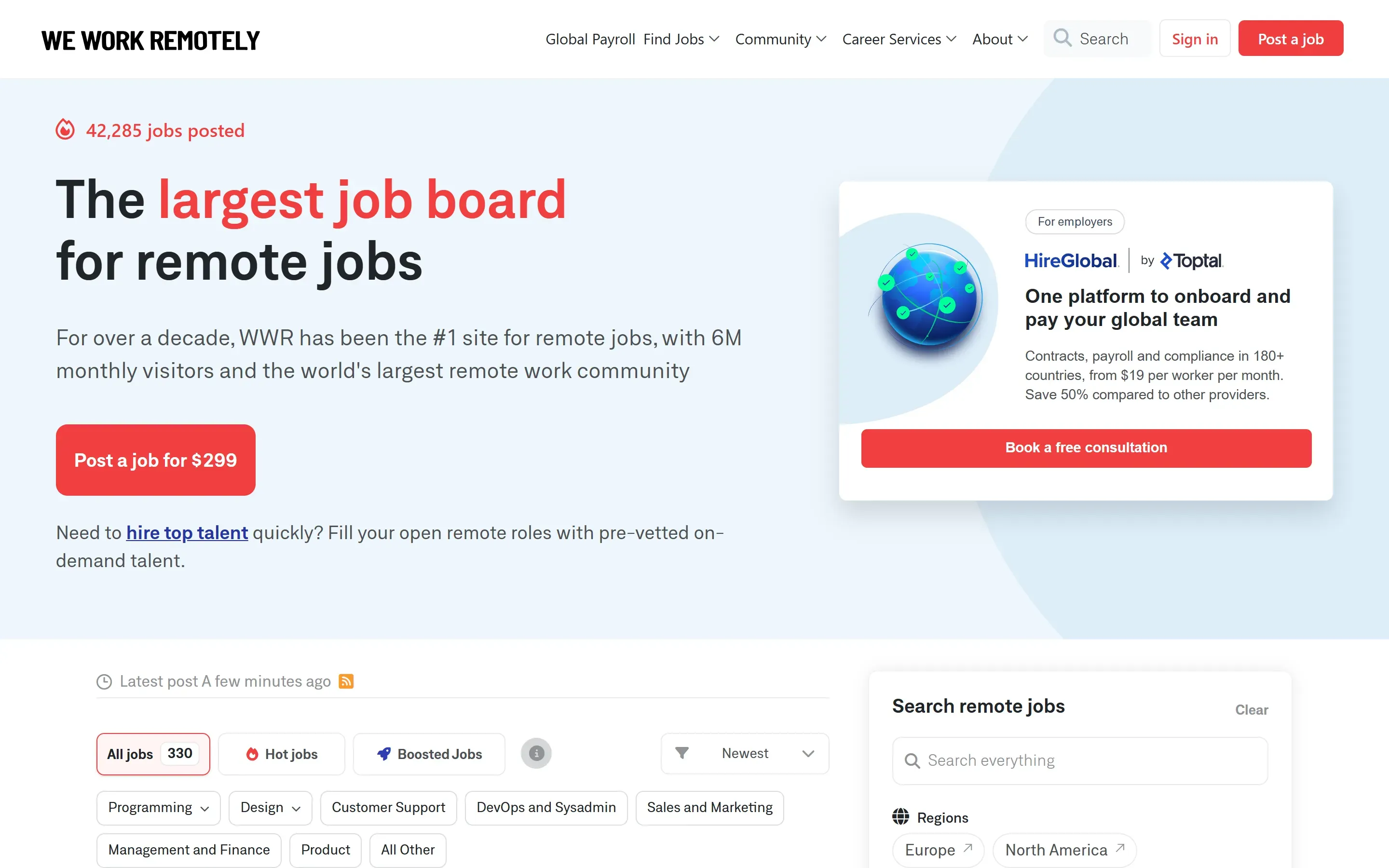 The We Work Remotely home page, October 6, 2026