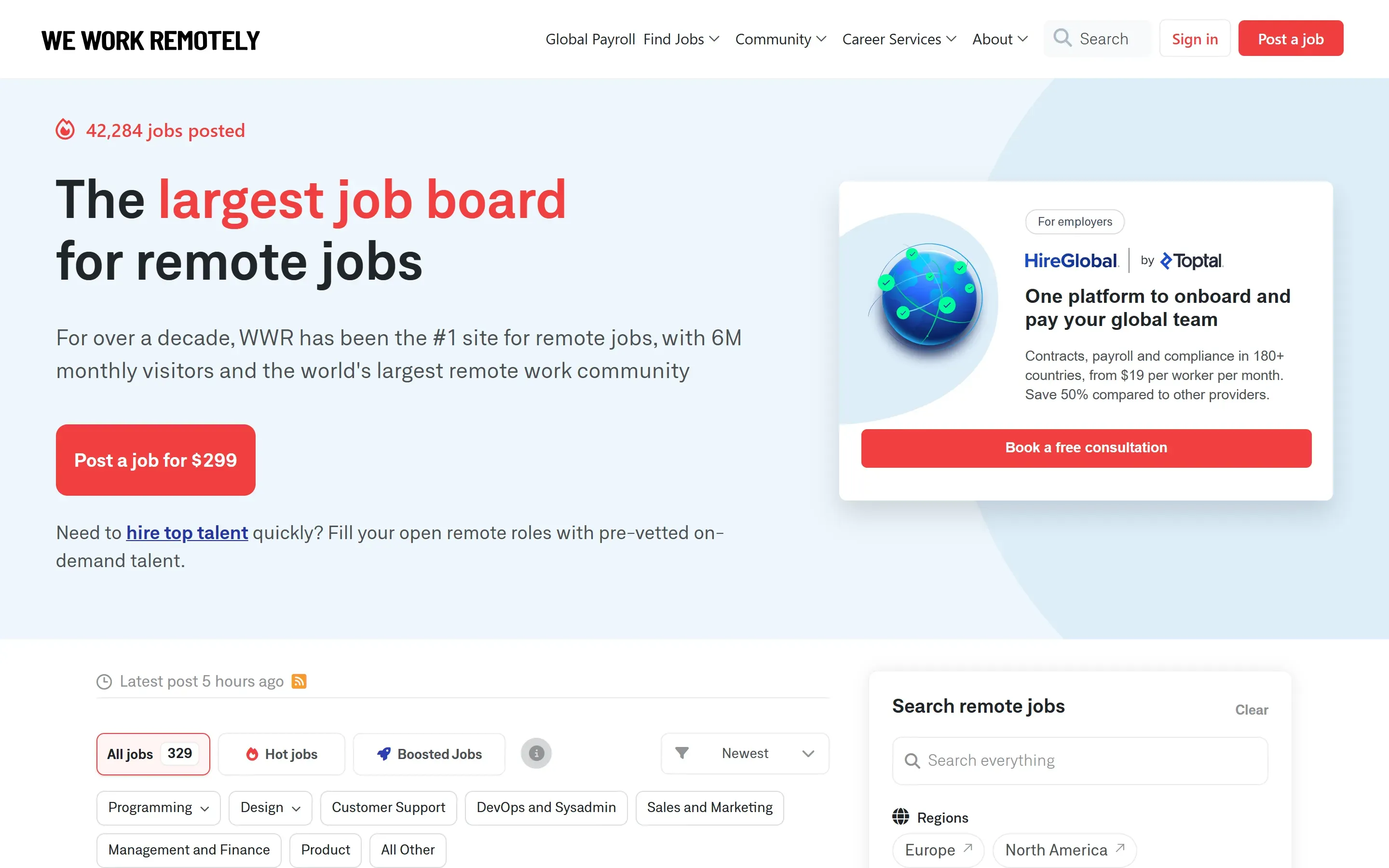 The We Work Remotely home page, October 6, 2026