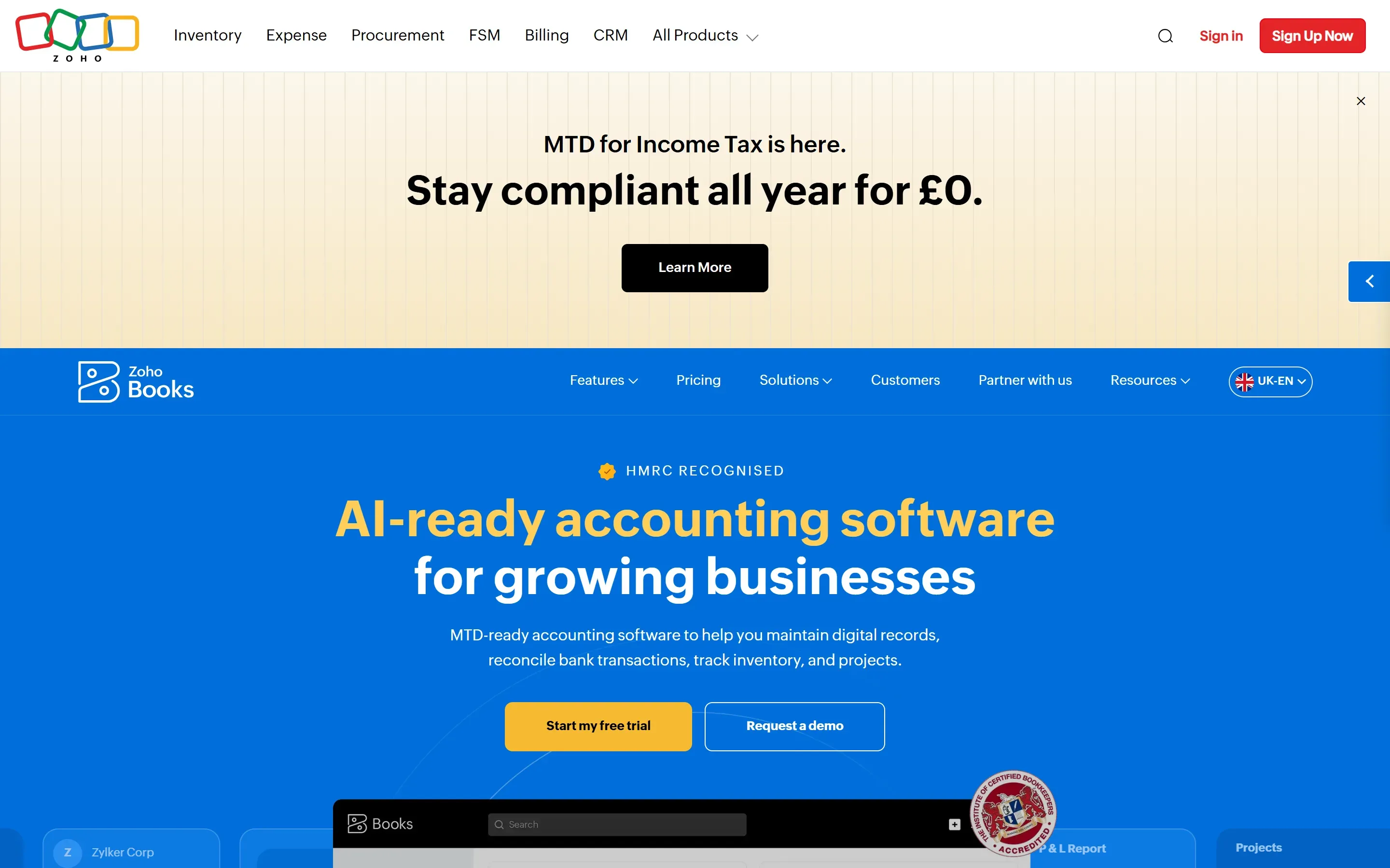The Zoho Books home page, saved 2026-10-02
